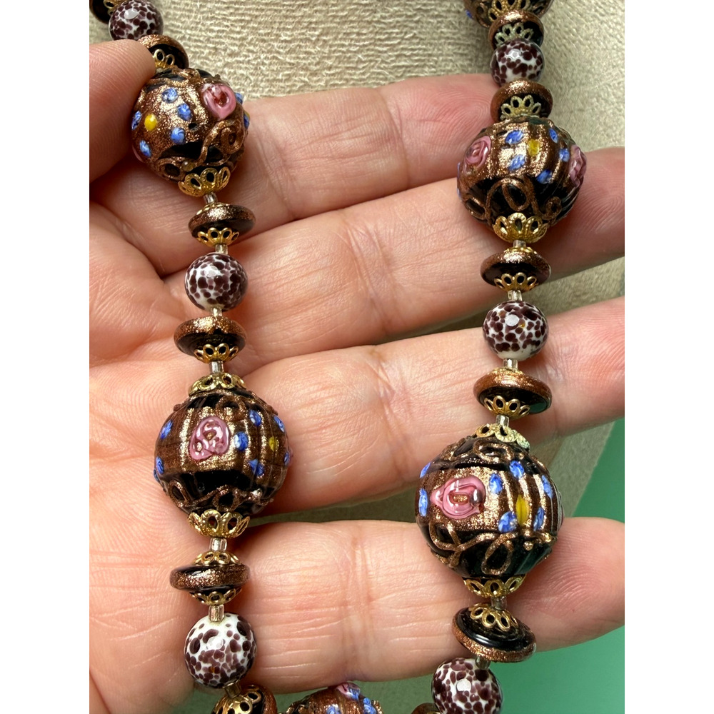 Vintage Venetian Wedding Cake Glass Bead Necklace Fiorato Black Gold Foil Italy - Picture 4 of 6